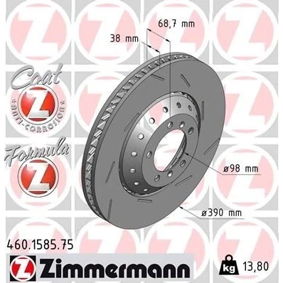 Kuva ZIMMERMANN FORMULA Z COAT 460.1585.75 Jarrulevyt 390 38 7/5 5 130 Tuuletettu, lovella, kaksiosainen jarrulevy pinnoitettu Seostettu / hiilletty