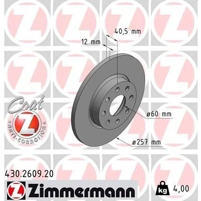 Kuva ZIMMERMANN COAT Z 430.2609.20 Jarrulevyt 257 12 8/4 4 100 täysi pinnoitettu OPEL: Corsa D Hatchback, FIAT: Grande Punto Evo Hatchback