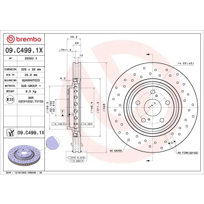 Kuva BREMBO Jarrulevy TOYOTA: RAV4 IV SUV, Highlander II, LEXUS: NX 328mm 28mm 5 rei&#039;itetty/tuuletettu sisältä pinnoitettu 09.C499.1X Jarrulevyt