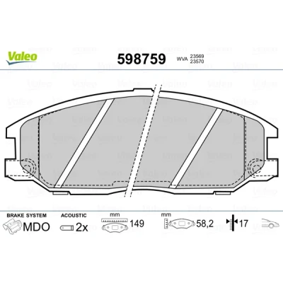 Kuva VALEO 598759 Jarrupalat Etuakseli Sis. kulumisenilmaisimen ilman huudonvaimennuspeltiä HYUNDAI: SANTA FE 2, H 1 Cargo, Travel, SSANGYONG: Rexton W