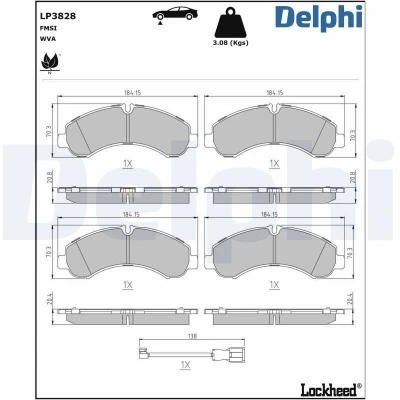 Kuva DELPHI LP3828 Jarrupalat Sis. kulumisenilmaisimen Huudonvaimennuspellillä Tarvikkeilla