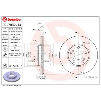 Kuva BREMBO COATED DISC LINE 09.7932.11 Jarrulevyt 282 23 5 tuuletettu sisältä pinnoitettu Ruuveilla HONDA: Accord 7, 7 Tourer, Limousine