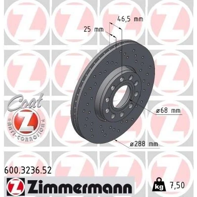 Kuva ZIMMERMANN SPORT COAT Z 600.3236.52 Jarrulevyt 288 25 10/5 5 112 Tuuletettu, ulko, reijitetty pinnoitettu hiiliteräs VOLKSWAGEN: Passat B5 GP Variant