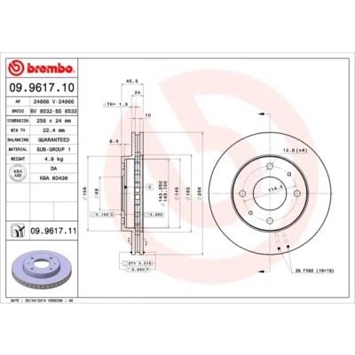 Kuva BREMBO COATED DISC LINE 09.9617.11 Jarrulevyt 256 24 4 tuuletettu sisältä pinnoitettu VOLVO: V40 Farmari, S40 I