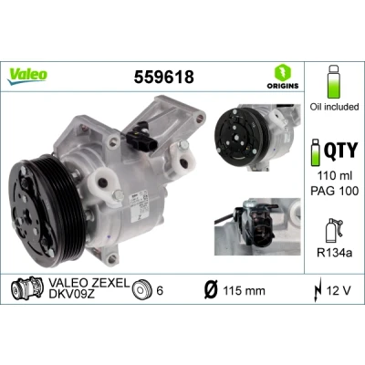 Kuva VALEO 559618 Ilmastoinnin Kompressori DKV09Z 12 PAG 100 R 134a kompressoriöljyllä