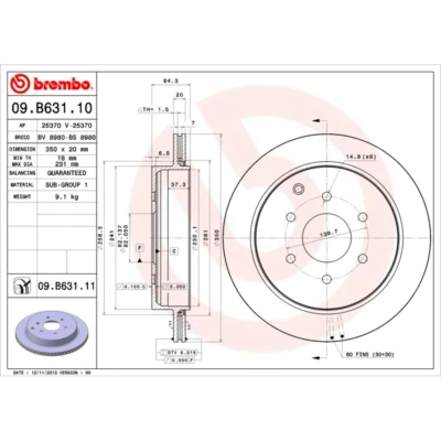 Kuva BREMBO COATED DISC LINE 09.B631.11 Jarrulevyt 350 20 6 tuuletettu sisältä pinnoitettu