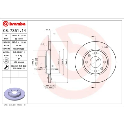 Kuva BREMBO 08.7351.14 Jarrulevyt 247 13 4 täysi Ruuveilla CITROËN: Xsara Farmari, Hatchback, Coupe, PEUGEOT: 206 SW