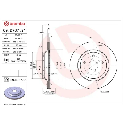 Kuva BREMBO 09.D767.21 Jarrulevyt 285 17 5 tuuletettu sisältä pinnoitettu Ruuveilla
