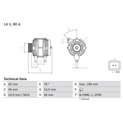 Kuva BOSCH 0 986 049 560 Laturi 14V 80A PEUGEOT: 207 Hatchback, 307 Farmari, CITROËN: C4 I C3 Hatchback
