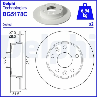 Kuva DELPHI Jarrulevy 260mm 8mm 5 täysi pinnoitettu käsittelemätön BG5178C 4320600Q1A,432064941R Jarrulevyt