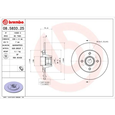 Kuva BREMBO BEARING DISC LINE 08.5833.25 Jarrulevyt 238 8 4 täysi Pyöränlaakersarjalla, ilman ABS sensorirengasta RENAULT: CLIO 2