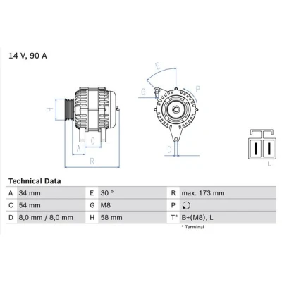 Kuva BOSCH 0 986 049 191 Laturi 14V 90A HYUNDAI: Getz, Tucson, Elantra III Hatchback, KIA: Sportage III, II, Cerato Sedan