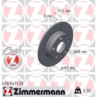 Kuva ZIMMERMANN Jarrulevy RENAULT: Megane 4 260mm 8mm 7/5 5 aukko 114mm täysi pinnoitettu 470.5417.20 Jarrulevyt