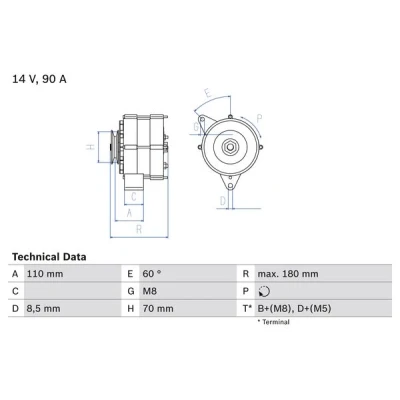 Kuva BOSCH 0 986 034 150 Laturi 14V 90A VOLKSWAGEN: Transporter 4 Bus, GOLF 2, 4, AUDI: 100 C3 Sedan