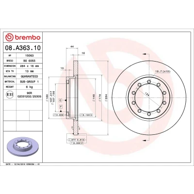Kuva BREMBO 08.A363.10 Jarrulevyt 284 16 5 täysi FORD: Transit Mk6 Van, Bussi, Flatbed Kuorma auto/Alusta