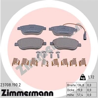 Kuva ZIMMERMANN 23708.190.2 Jarrupalat Sis. kulumisenilmaisimen Ruuveilla Valokuva vastaa toimituslaajuutta, Jousella FIAT: BRAVO 2, Stilo Multi Wagon