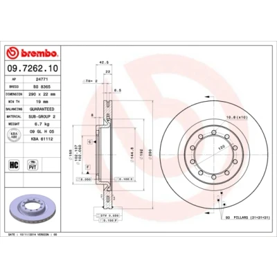 Kuva BREMBO 09.7262.10 Jarrulevyt 290 22 5 tuuletettu sisältä hiiliteräs RENAULT TRUCKS: Mascott Flatbed Kuorma auto / Alusta