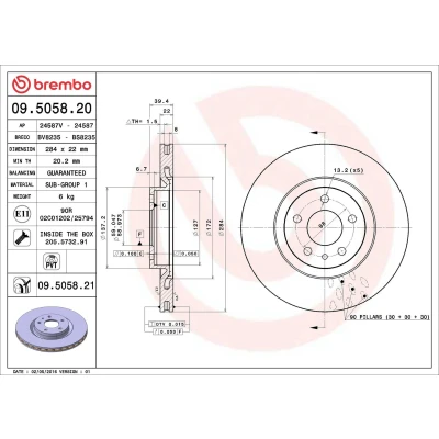 Kuva BREMBO COATED DISC LINE 09.5058.21 Jarrulevyt 284 22 5 tuuletettu sisältä pinnoitettu Ruuveilla ALFA ROMEO: Spider