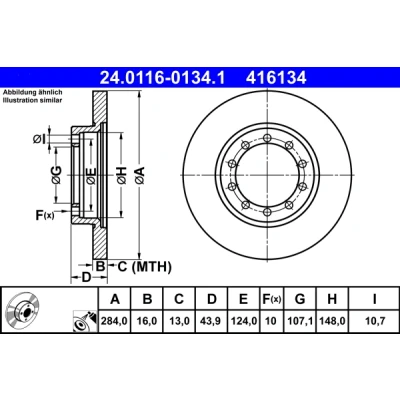 Kuva ATE 24.0116 0134.1 Jarrulevyt 284,0 16,0 10 124,0 täysi pinnoitettu FORD: Transit Mk6 Van, Bussi, Flatbed Kuorma auto/Alusta