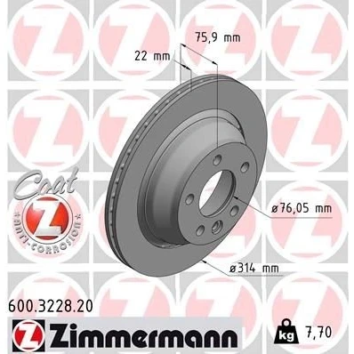 Kuva ZIMMERMANN COAT Z 600.3228.20 Jarrulevyt 314 22 6/5 5 120 Tuuletettu, ulko pinnoitettu VOLKSWAGEN: Transporter 5, Multivan (7HM, Bus