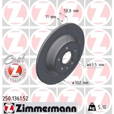 Kuva ZIMMERMANN 250.1361.52 Jarrulevyt 302 11 6/5 5 108 täysi, reijitetty pinnoitettu FORD: MONDEO 4 Turnier, Focus 2, S Max Mk1