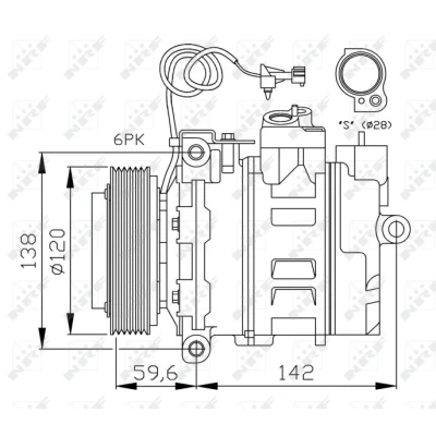 Kuva NRF 32377 Ilmastoinnin Kompressori 7SBU16C 12 PAG 46 kompressoriöljyllä, Tiivisterenkaalla SAAB: 9 5 Sedan