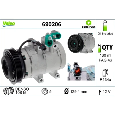 Kuva VALEO 690206 Ilmastoinnin Kompressori 10S15 12 PAG 46 R 134a kompressoriöljyllä KIA: SORENTO 1, HYUNDAI: Santa Fe I