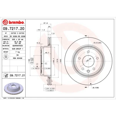 Kuva BREMBO COATED DISC LINE 09.7217.21 Jarrulevyt 305 20 5 tuuletettu sisältä pinnoitettu JAGUAR: XJ Sedan, XK 8 Coupe, Cabriolet
