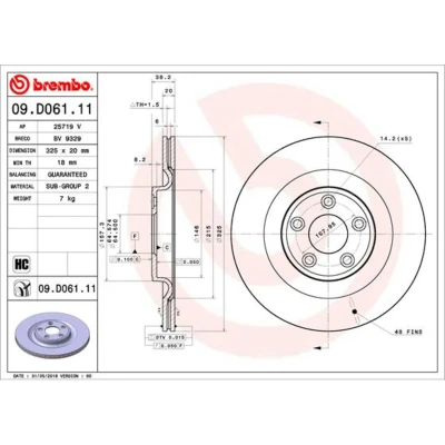 Kuva BREMBO 09.D061.11 Jarrulevyt 325 20 5 tuuletettu sisältä pinnoitettu hiiliteräs JAGUAR: XJ Sedan