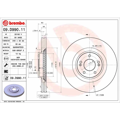 Kuva BREMBO 09.D990.11 Jarrulevyt 340 30 5 tuuletettu sisältä pinnoitettu hiiliteräs Ruuveilla KIA: SORENTO 3