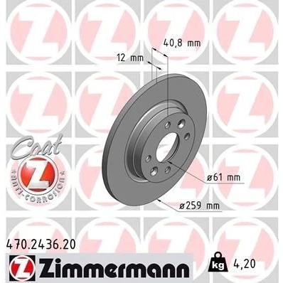 Kuva ZIMMERMANN COAT Z 470.2436.20 Jarrulevyt 259 12 6/4 4 100 täysi pinnoitettu DACIA: SANDERO 2, Logan I Sedan, SMART: Forfour II Hatchback