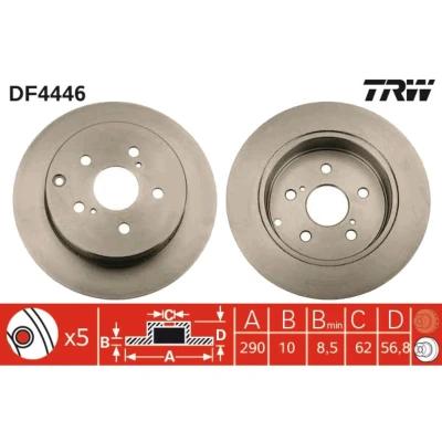 Kuva TRW DF4446 Jarrulevyt 290 10 5 114,3 täysi Lakattu TOYOTA: Corolla Verso, X Sedan
