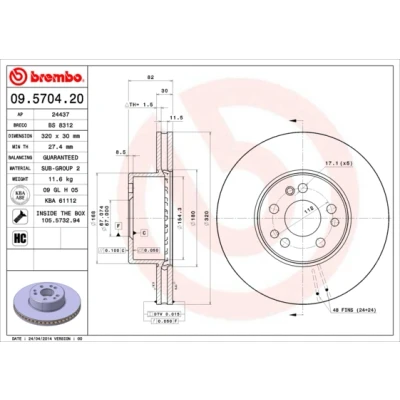 Kuva BREMBO 09.5704.20 Jarrulevyt 320 30 5 tuuletettu sisältä hiiliteräs Ruuveilla MERCEDES BENZ: S sarja Sedan, Coupe