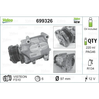 Kuva VALEO 699326 Ilmastoinnin Kompressori FS1010 12 PAG 46 R 134a kompressoriöljyllä NEW ORIGINAL PART FORD: Focus Mk1 Farmari, 2