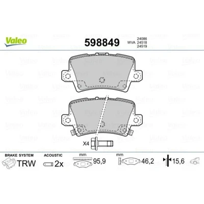 Kuva VALEO 598849 Jarrupalat Taka akseli Sis. kulumisenilmaisimen varmistusruuvisarjalla, Huudonvaimennuspellillä HONDA: CIVIC 8 Hatchback,