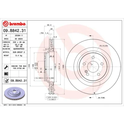 Kuva BREMBO COATED DISC LINE 09.B842.31 Jarrulevyt 330 26 5 tuuletettu sisältä pinnoitettu hiiliteräs Ruuveilla MERCEDES BENZ: S sarja Sedan, Coupe