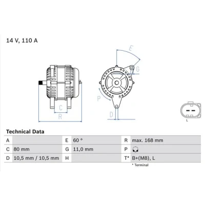 Kuva BOSCH 0 986 080 060 Laturi 14V 110A FIAT: Ducato III Van, Bussi, Flatbed Kuorma auto / Alusta