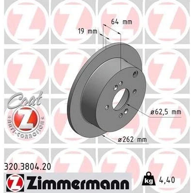 Kuva ZIMMERMANN COAT Z 320.3804.20 Jarrulevyt 262 10 7/4 4 100 täysi pinnoitettu HYUNDAI: Getz, i20 I Hatchback, ACCENT 3 Stufenheck, KIA: RIO 2