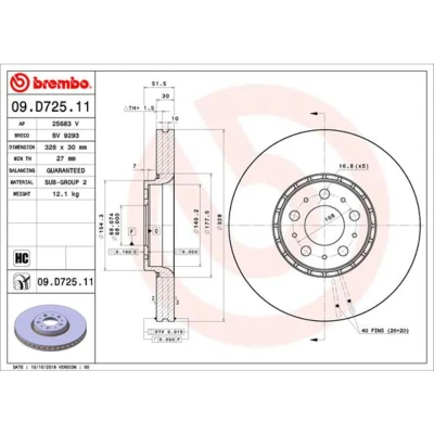 Kuva BREMBO 09.D725.11 Jarrulevyt 328 30 5 tuuletettu sisältä pinnoitettu hiiliteräs VOLVO: XC90 I
