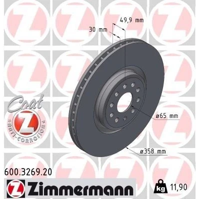 Kuva ZIMMERMANN Jarrulevy 30mm 10/5 5 aukko 112mm tuuletettu sisältä pinnoitettu hiiliteräs 600.3269.20 1EA615301B Jarrulevyt