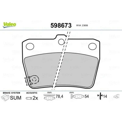 Kuva VALEO 598673 Jarrupalat Taka akseli Sis. kulumisenilmaisimen ilman huudonvaimennuspeltiä TOYOTA: RAV4 II SUV, I SUV