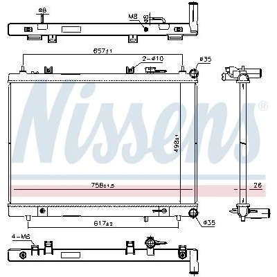 Kuva NISSENS 606308 Jäähdytin Alumiini 498mm 758mm 26mm öljynjäähdytin, ilman tiivisteitä nestesäiliötä, runkoa Jäähdytysrivat juotetut
