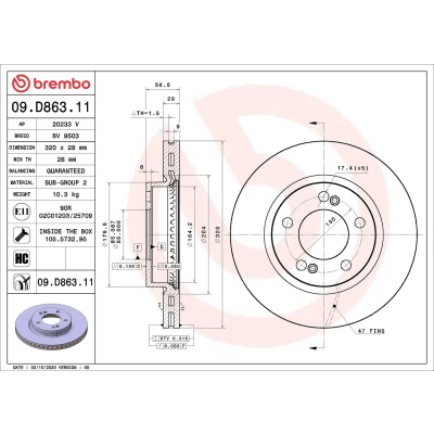 Kuva BREMBO 09.D863.11 Jarrulevyt 320 28 5 tuuletettu sisältä pinnoitettu hiiliteräs Ruuveilla