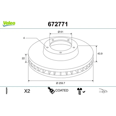 Kuva VALEO Jarrulevy NISSAN: Note II Hatchback, MICRA 4 Etuakseli 260mm 22mm aukko Tuuletettu pinnoitettu 672771 402061HA0A,402061HA0B,402061HA0H