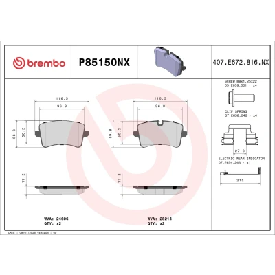 Kuva BREMBO P85150NX Jarrupalat Sis. kulumisenilmaisimen Jarrusatulan ruuveilla, Huudonvaimennuspellillä Tarvikkeilla