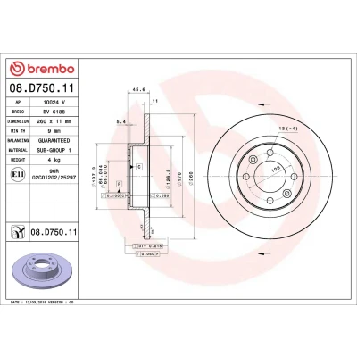 Kuva BREMBO 08.D750.11 Jarrulevyt 260 11 4 täysi pinnoitettu