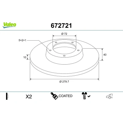 Kuva VALEO Jarrulevy MAZDA: 6 Sedan, Farmari, Farmari Taka akseli 280mm 10mm 5 aukko täysi pinnoitettu 672721 G25Y26251,G25Y26251A,GF3Y26251,GF3Y26251A
