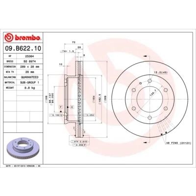 Kuva BREMBO 09.B622.10 Jarrulevyt 289 28 6 tuuletettu sisältä FORD: Ranger Mk2, MAZDA: BT 50 Pick up
