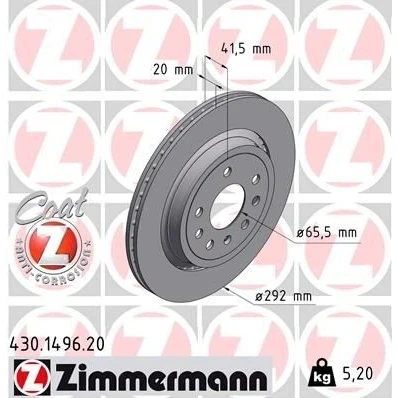 Kuva ZIMMERMANN COAT Z 430.1496.20 Jarrulevyt 292 20 8/5 5 110 Tuuletettu, ulko pinnoitettu SAAB: 9 3 Farmari, Sedan, OPEL: Vectra C CC, Sedan