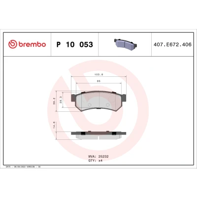 Kuva BREMBO P 10 053 Jarrupalat Ilman kulumisenilmaisinta tarvikkeita CHEVROLET: Nubira Farmari, Lacetti Hatchback